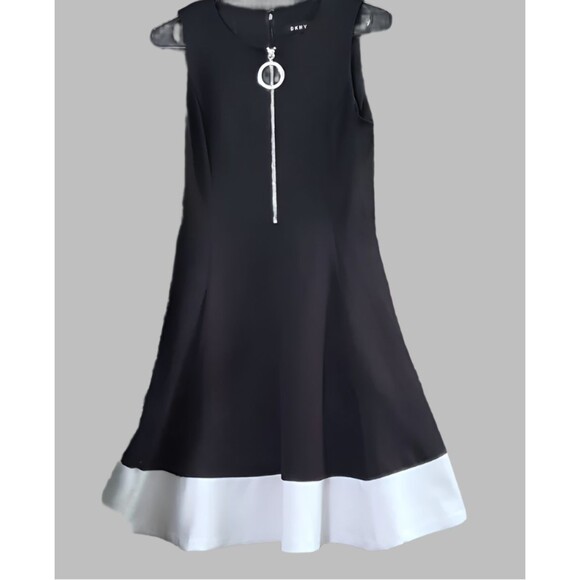DKNY Black Dress with Zipper Front and White Hem Trim - Size 14 - Picture 1 of 4